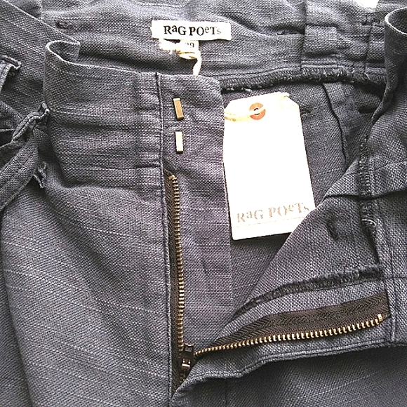 NWT RAG POETS LINEN BLEND DARK BLUE CROPPED PAPERBAG PANTS WIDE LEG EASY BREEZY - Picture 9 of 12